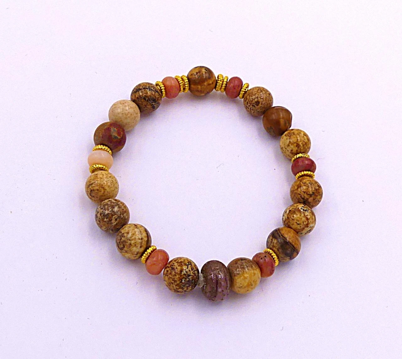 Pulsera elástica de piedra natural: jaspe paisaje y discos de metal dorado – photo 3